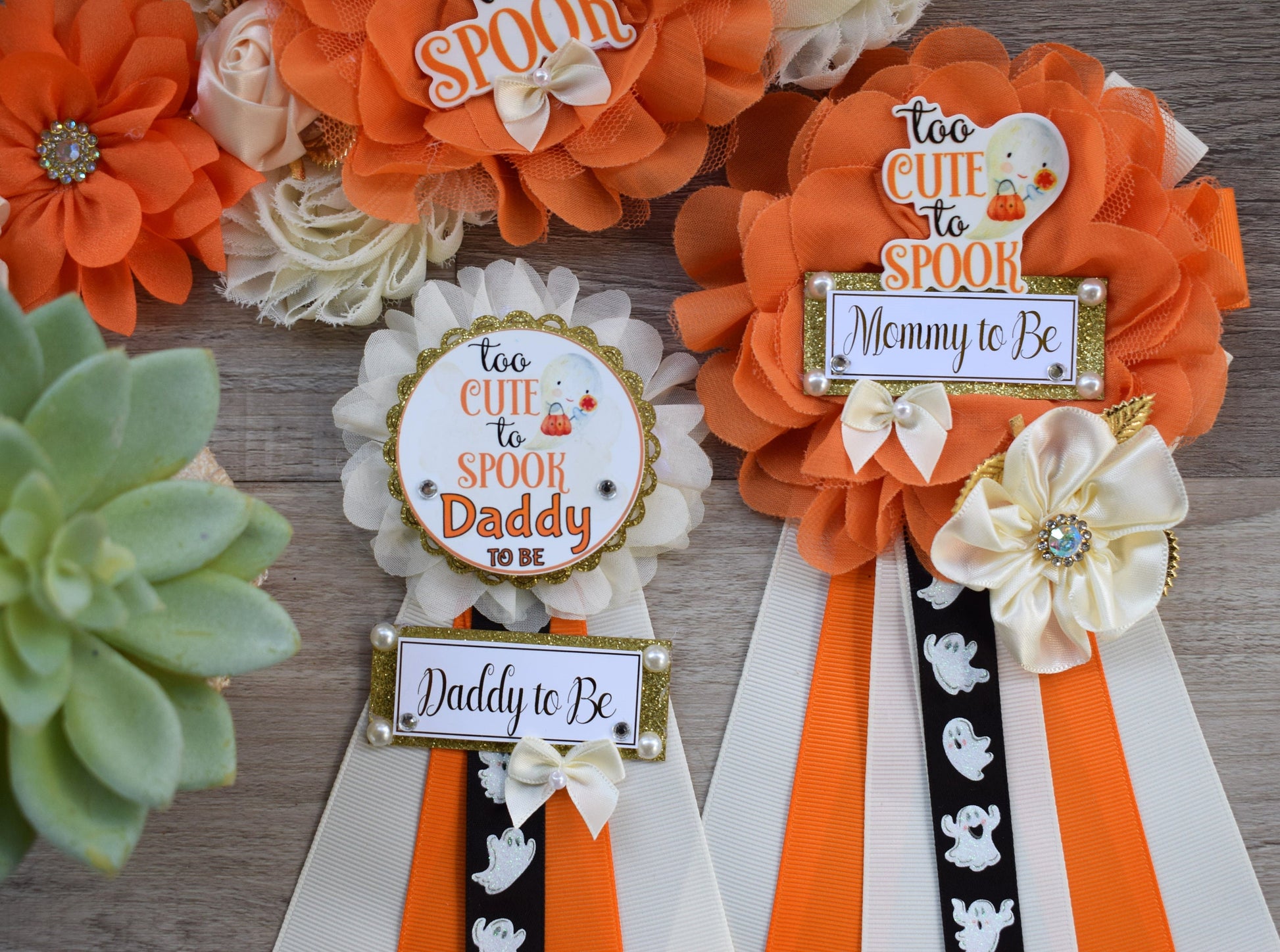 Too Cute to Spook Baby Shower, Ghost Maternity Sash, Neutral Ghost Mommy To Be Ribbon, Daddy To Be Pin, Halloween Baby Shower Gift, Custom - Celebrations By Cris