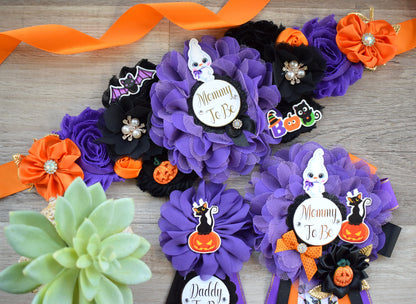 Ghost Halloween Baby Shower, Halloween Baby Shower, Black Purple Orange Maternity Sash, Mommy To Be Pin, Daddy To Be Pin