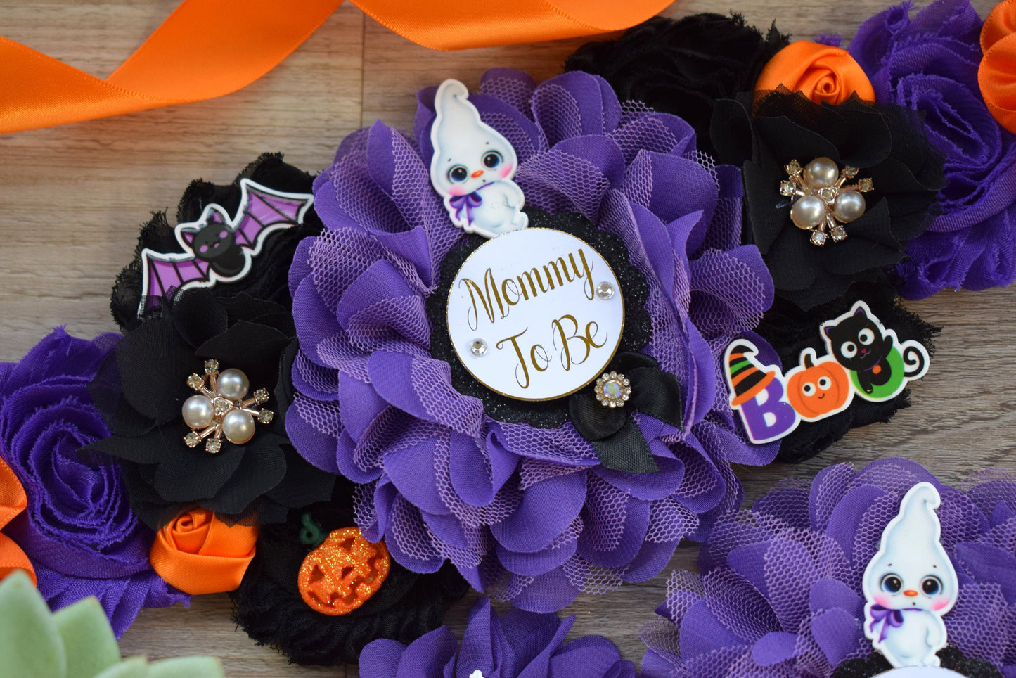 Ghost Halloween Baby Shower, Halloween Baby Shower, Black Purple Orange Maternity Sash, Mommy To Be Pin, Daddy To Be Pin