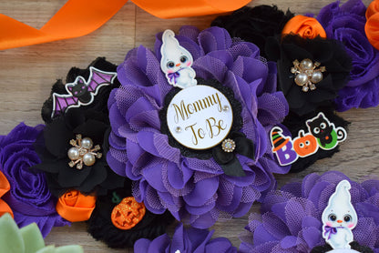 Ghost Halloween Baby Shower, Halloween Baby Shower, Black Purple Orange Maternity Sash, Mommy To Be Pin, Daddy To Be Pin