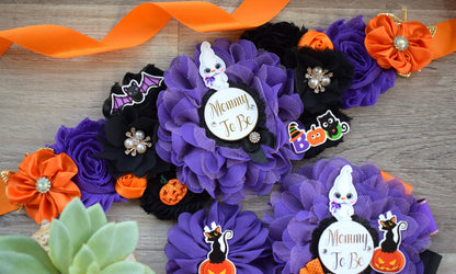 Ghost Halloween Baby Shower, Halloween Baby Shower, Black Purple Orange Maternity Sash, Mommy To Be Pin, Daddy To Be Pin