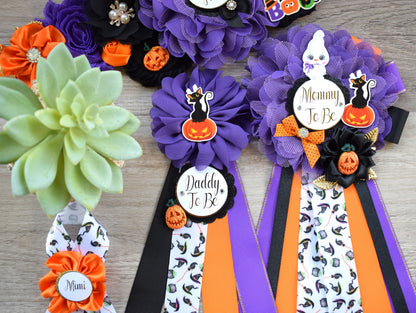 Ghost Halloween Baby Shower, Halloween Baby Shower, Black Purple Orange Maternity Sash, Mommy To Be Pin, Daddy To Be Pin