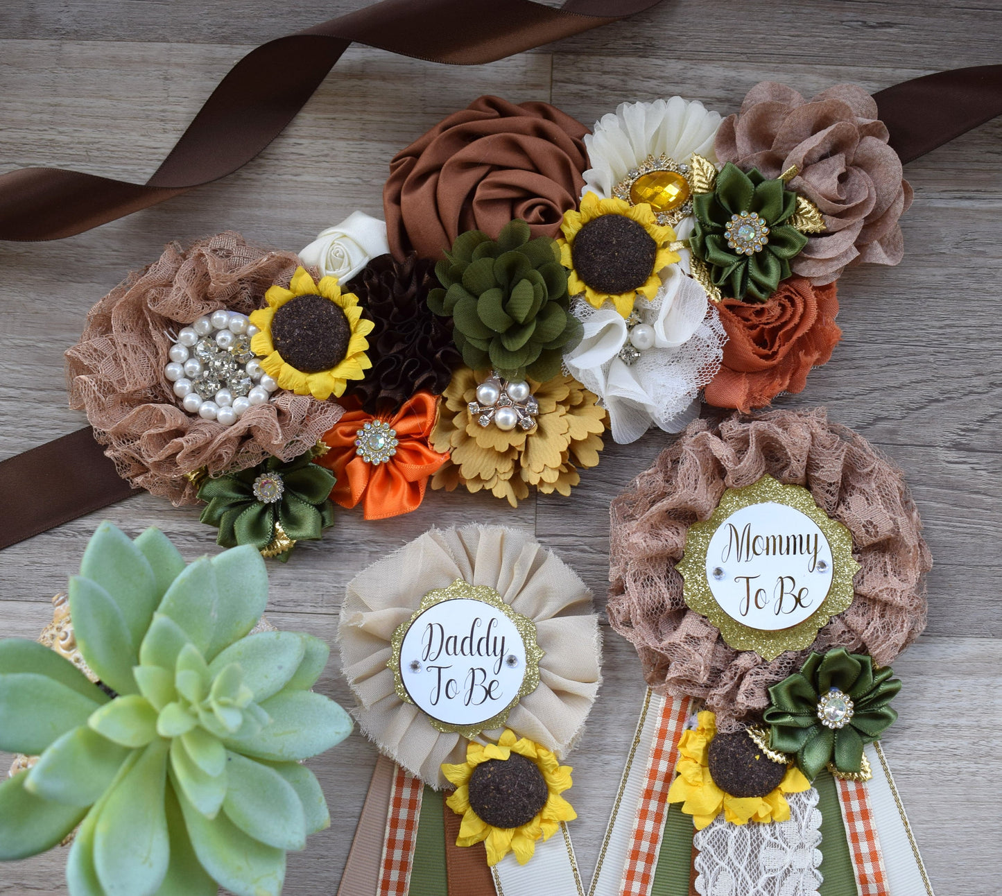 Fall Autumn Baby Shower, Autumn Maternity Sash, Mommy To Be Ribbon Pin, Daddy To Be Pin, Thanksgiving Sash Sunflower, Autumn Baby Shower - Celebrations By Cris