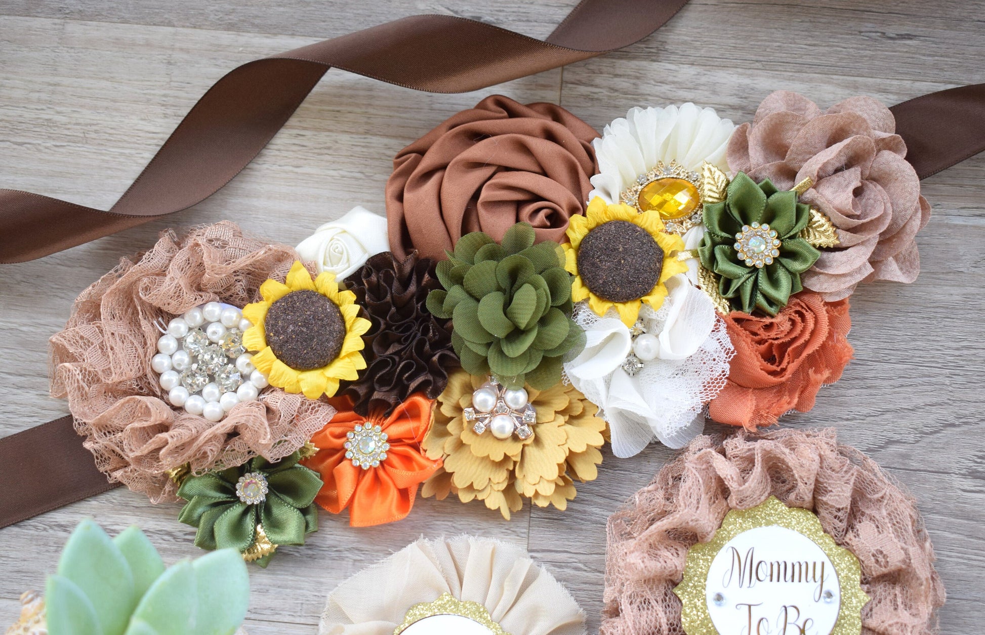 Fall Autumn Baby Shower, Autumn Maternity Sash, Mommy To Be Ribbon Pin, Daddy To Be Pin, Thanksgiving Sash Sunflower, Autumn Baby Shower - Celebrations By Cris