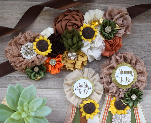 Fall Autumn Baby Shower, Autumn Maternity Sash, Mommy To Be Ribbon Pin, Daddy To Be Pin, Thanksgiving Sash Sunflower, Autumn Baby Shower - Celebrations By Cris