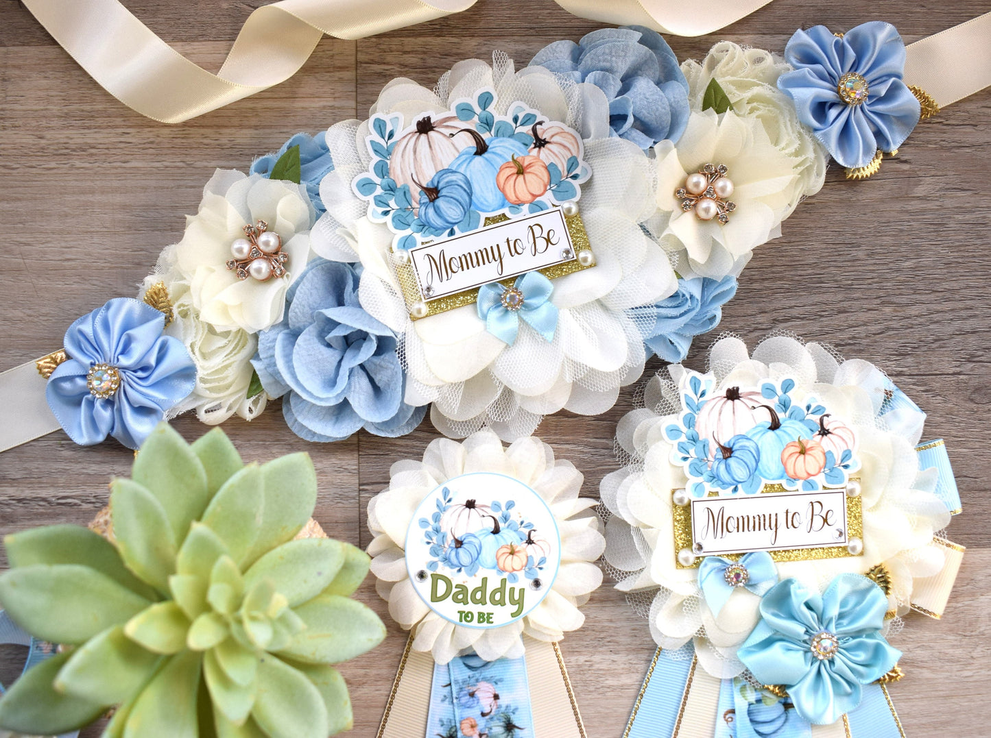 Blue Boy Pumpkin Baby Shower, Pastel Blue Maternity Sash, Blue Mommy To Be Ribbon, Pumpkin Daddy To Be Pin, Blue Boy Baby Shower Present - Celebrations By Cris