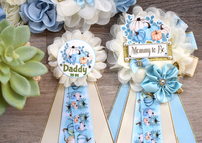 Blue Boy Pumpkin Baby Shower, Pastel Blue Maternity Sash, Blue Mommy To Be Ribbon, Pumpkin Daddy To Be Pin, Blue Boy Baby Shower Present - Celebrations By Cris