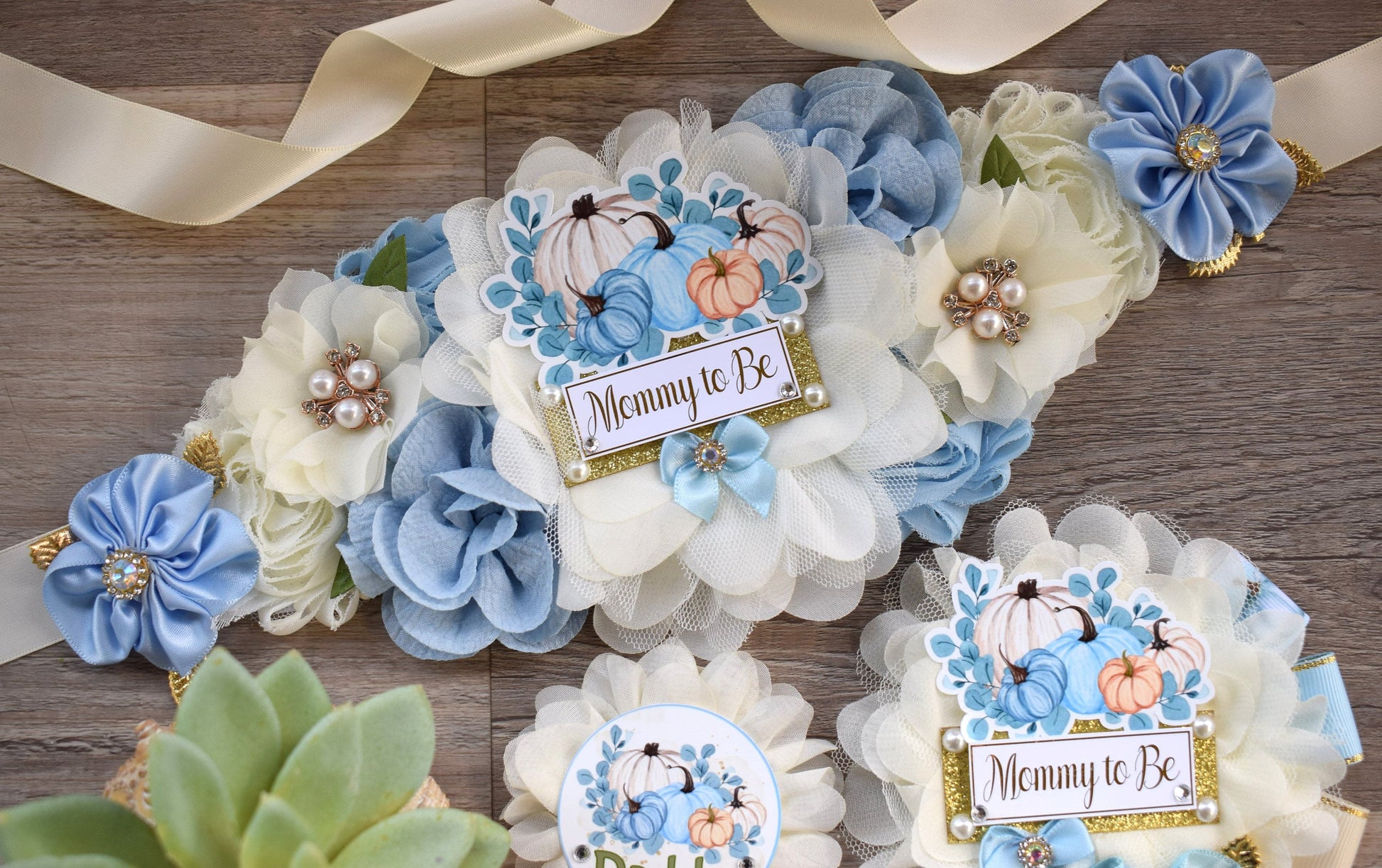 Blue Boy Pumpkin Baby Shower, Pastel Blue Maternity Sash, Blue Mommy To Be Ribbon, Pumpkin Daddy To Be Pin, Blue Boy Baby Shower Present - Celebrations By Cris