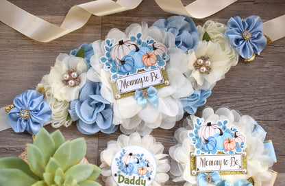 Blue Boy Pumpkin Baby Shower, Pastel Blue Maternity Sash, Blue Mommy To Be Ribbon, Pumpkin Daddy To Be Pin, Blue Boy Baby Shower Present - Celebrations By Cris