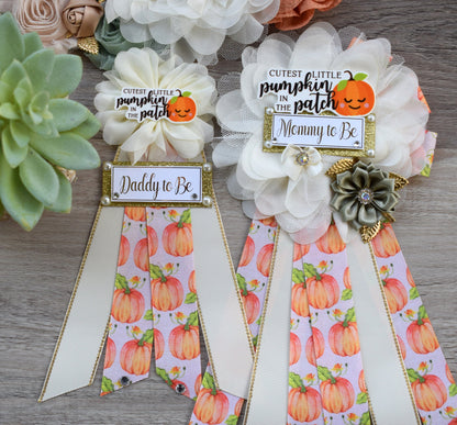 Cutest Little Pumpkin In The Patch Baby Shower, Ivory Orange Sage Maternity Sash, Pumpkin Mommy To Be Ribbon, Pumpkin Daddy To Be Pin