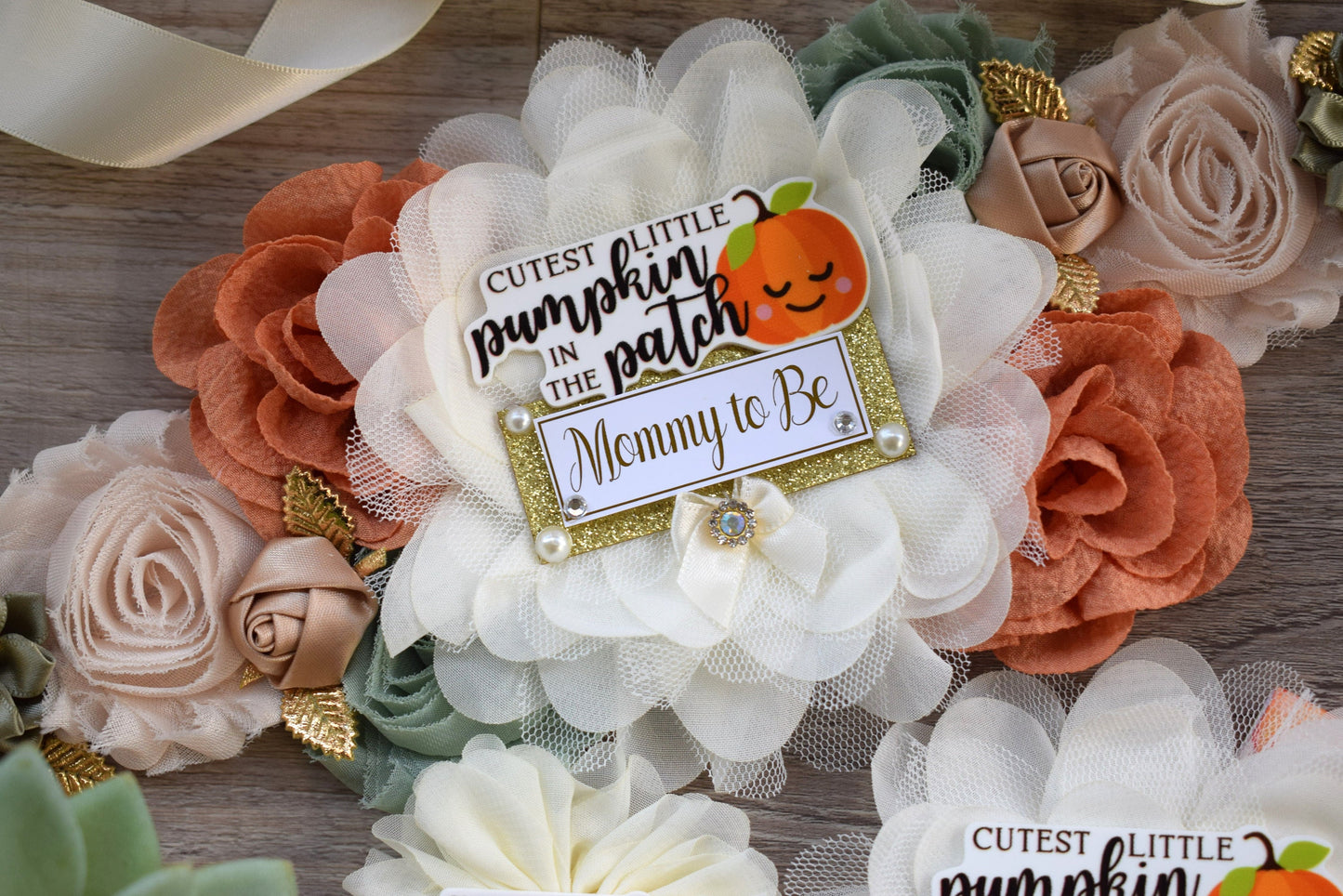 Cutest Little Pumpkin In The Patch Baby Shower, Ivory Orange Sage Maternity Sash, Pumpkin Mommy To Be Ribbon, Pumpkin Daddy To Be Pin