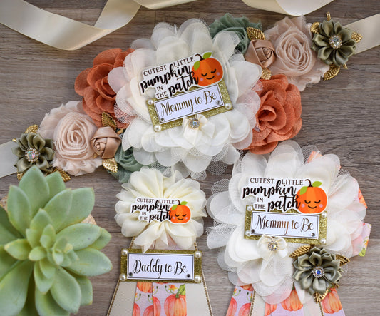 Cutest Little Pumpkin In The Patch Baby Shower, Ivory Orange Sage Maternity Sash, Pumpkin Mommy To Be Ribbon, Pumpkin Daddy To Be Pin