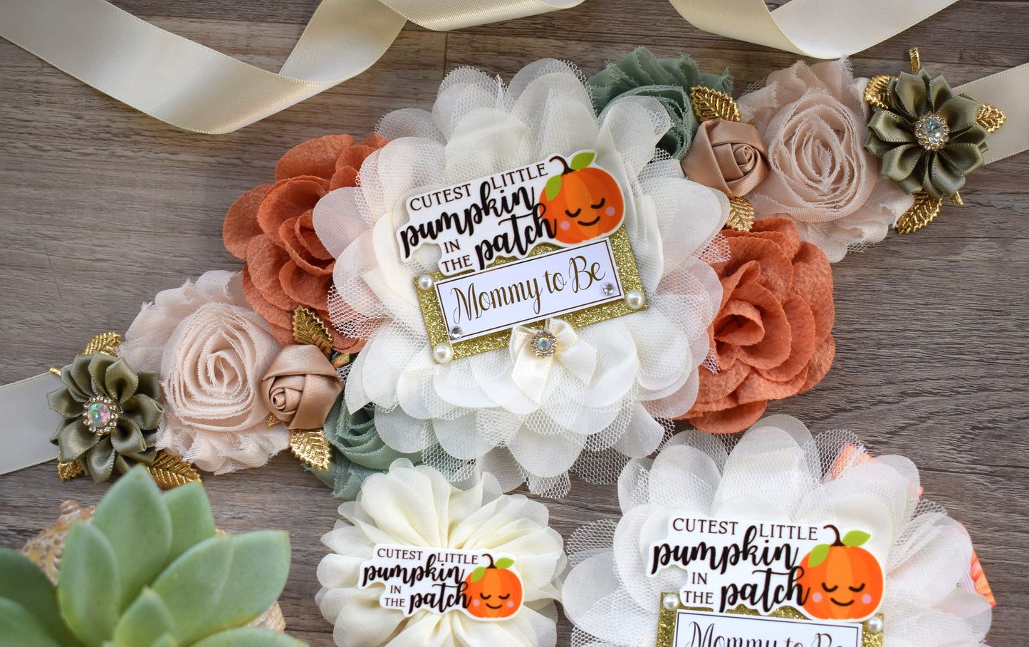 Cutest Little Pumpkin In The Patch Baby Shower, Ivory Orange Sage Maternity Sash, Pumpkin Mommy To Be Ribbon, Pumpkin Daddy To Be Pin