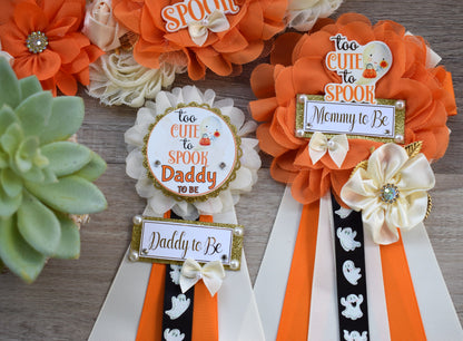 Too Cute to Spook Baby Shower, Ghost Maternity Sash, Neutral Ghost Mommy To Be Ribbon, Daddy To Be Pin, Halloween Baby Shower Gift, Custom - Celebrations By Cris