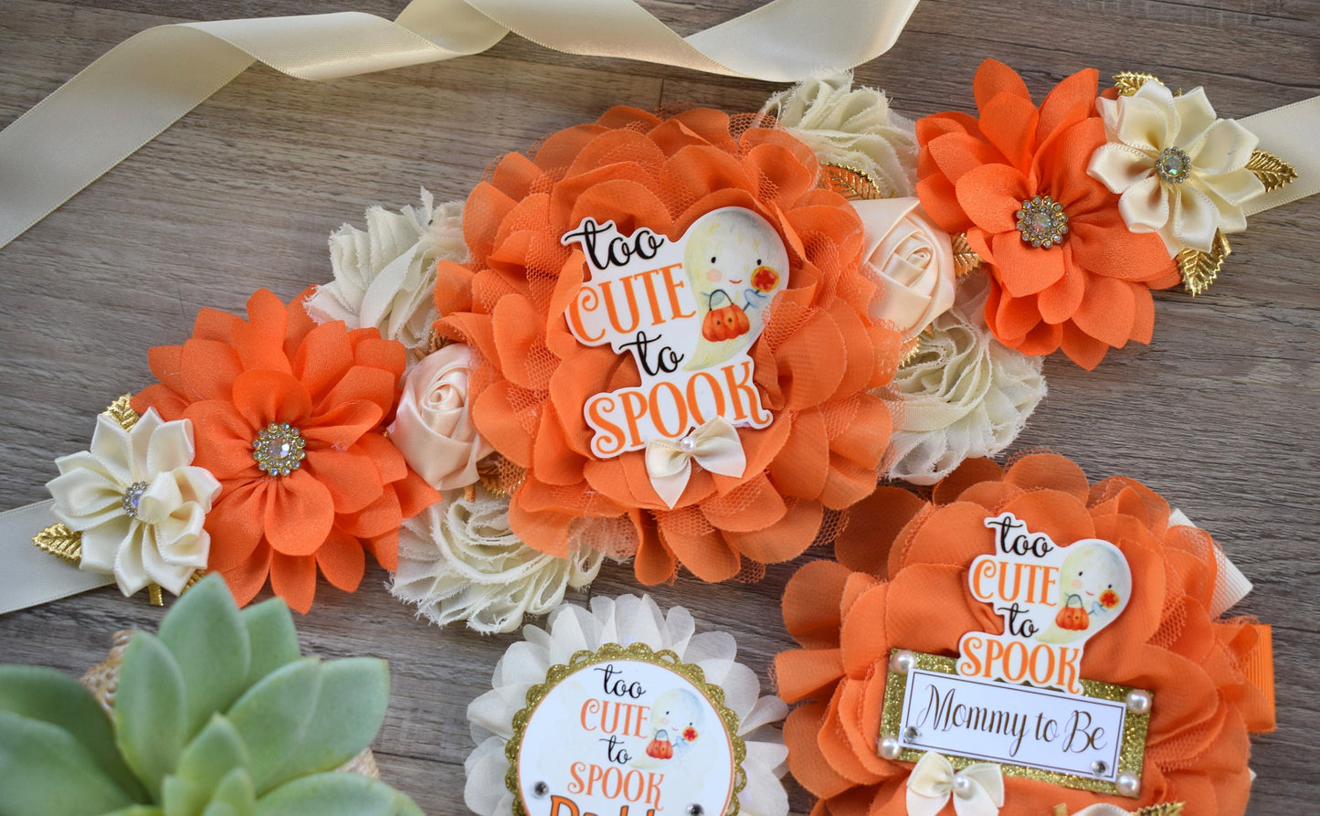 Too Cute to Spook Baby Shower, Ghost Maternity Sash, Neutral Ghost Mommy To Be Ribbon, Daddy To Be Pin, Halloween Baby Shower Gift, Custom - Celebrations By Cris