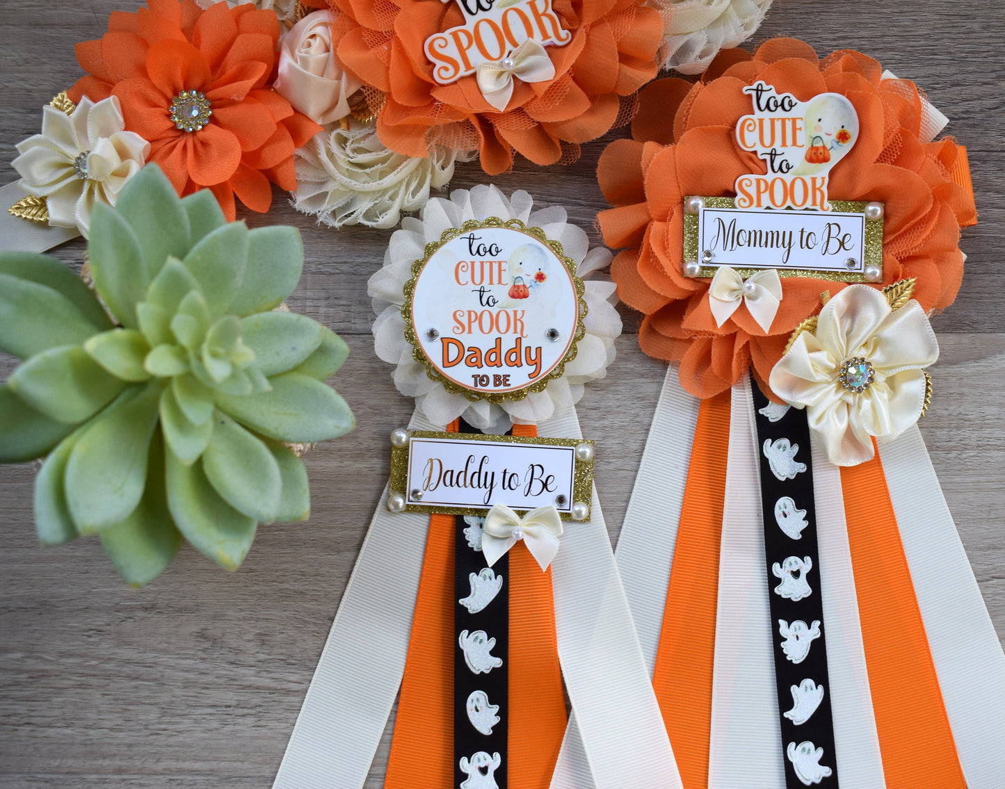 Too Cute to Spook Baby Shower, Ghost Maternity Sash, Neutral Ghost Mommy To Be Ribbon, Daddy To Be Pin, Halloween Baby Shower Gift, Custom - Celebrations By Cris