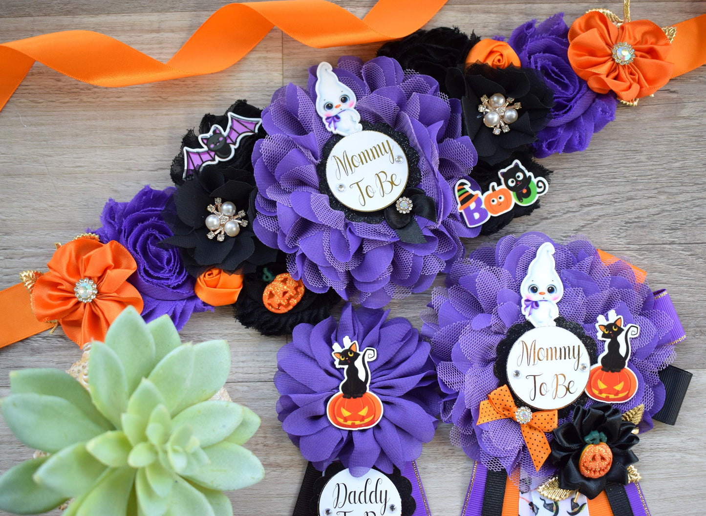 Ghost Halloween Baby Shower, Halloween Baby Shower, Black Purple Orange Maternity Sash, Mommy To Be Pin, Daddy To Be Pin