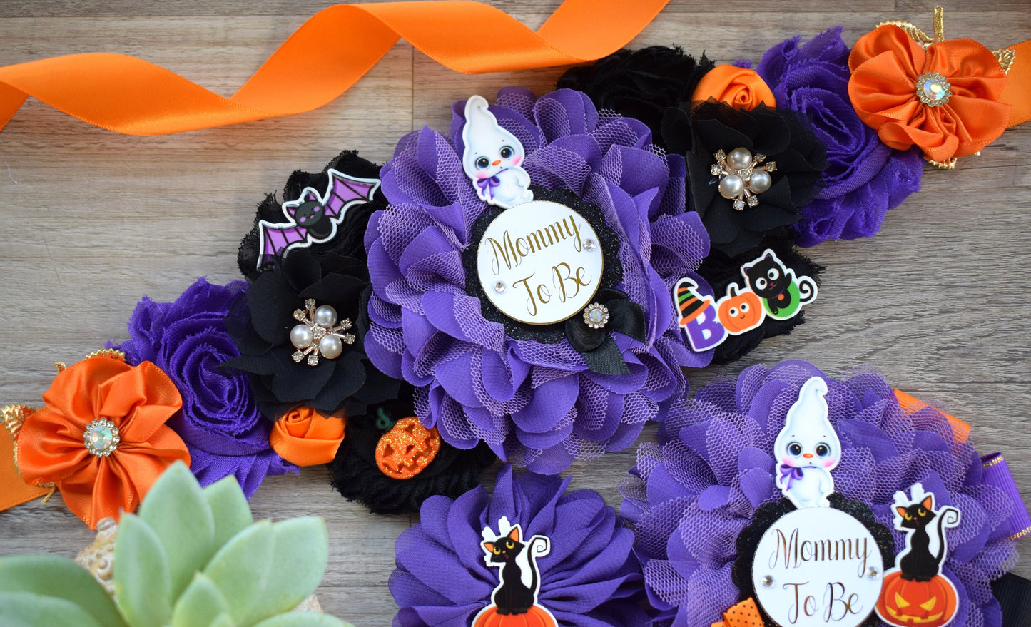 Ghost Halloween Baby Shower, Halloween Baby Shower, Black Purple Orange Maternity Sash, Mommy To Be Pin, Daddy To Be Pin