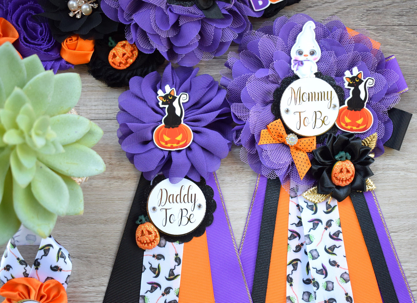 Ghost Halloween Baby Shower, Halloween Baby Shower, Black Purple Orange Maternity Sash, Mommy To Be Pin, Daddy To Be Pin