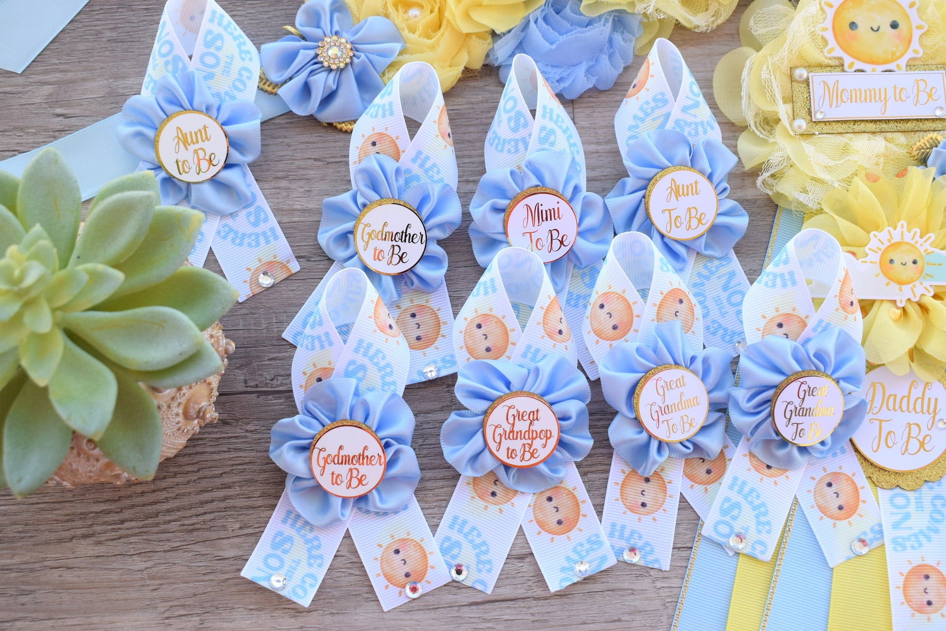 Here Come The Son Baby Shower, Neutral Yellow Ivory Maternity Sash, Mommy To Be Ribbon Badge Pin, Daddy To Be Pin, Here Come The Sun - Celebrations By Cris