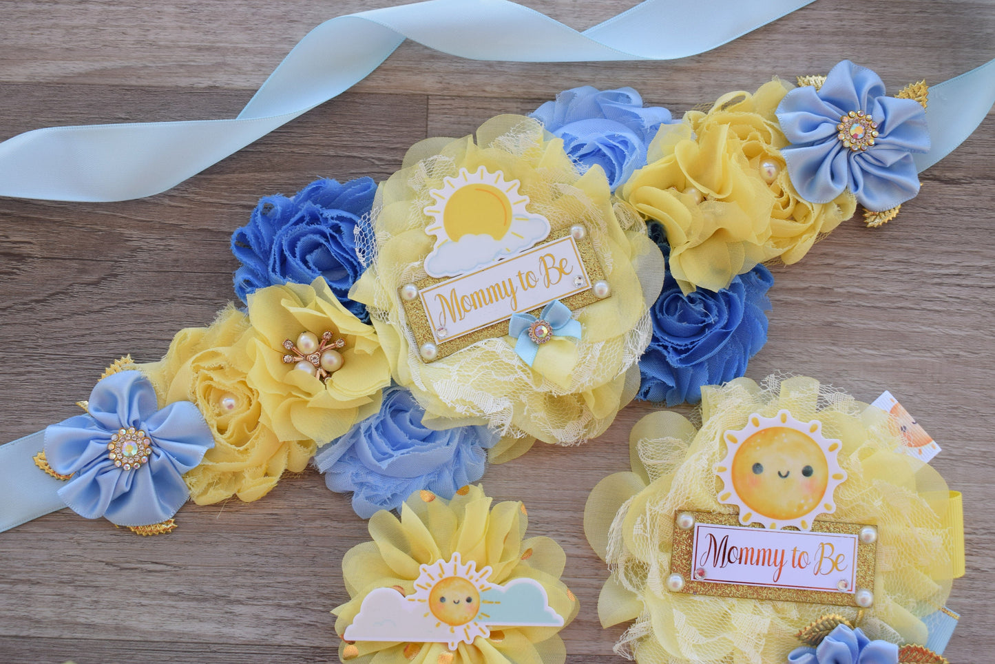 Here Come The Son Baby Shower, Neutral Yellow Ivory Maternity Sash, Mommy To Be Ribbon Badge Pin, Daddy To Be Pin, Here Come The Sun - Celebrations By Cris