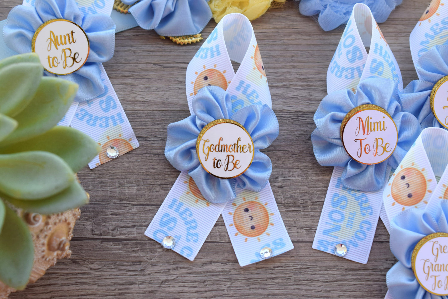 Here Come The Son Baby Shower, Neutral Yellow Ivory Maternity Sash, Mommy To Be Ribbon Badge Pin, Daddy To Be Pin, Here Come The Sun - Celebrations By Cris