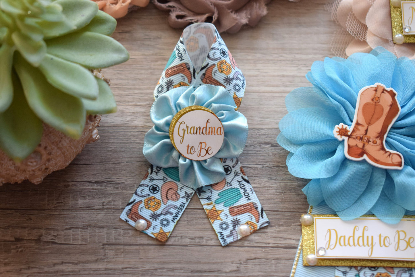 Blue Cowboy Baby Shower, Blue Cowboy Maternity Sash, Boy Cowboy Mommy and Daddy To Be Pin, Blue Brown Flower Sash, Blue Boot Hat Corsage Pin - Celebrations By Cris