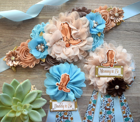 Blue Cowboy Baby Shower, Blue Cowboy Maternity Sash, Boy Cowboy Mommy and Daddy To Be Pin, Blue Brown Flower Sash, Blue Boot Hat Corsage Pin - Celebrations By Cris