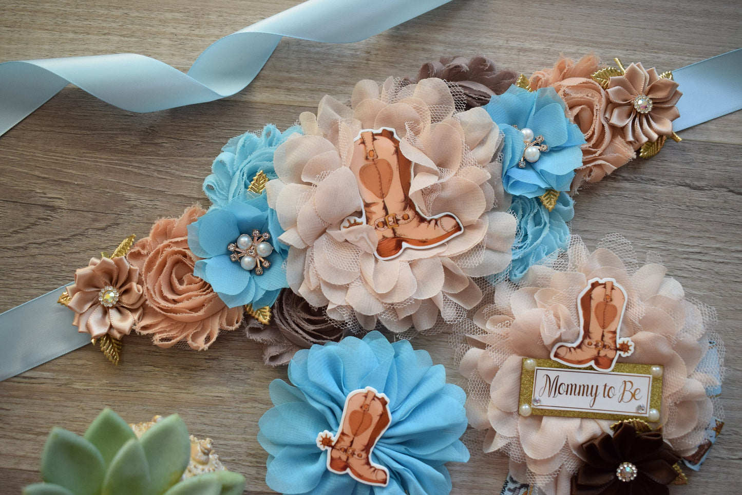 Blue Cowboy Baby Shower, Blue Cowboy Maternity Sash, Boy Cowboy Mommy and Daddy To Be Pin, Blue Brown Flower Sash, Blue Boot Hat Corsage Pin - Celebrations By Cris