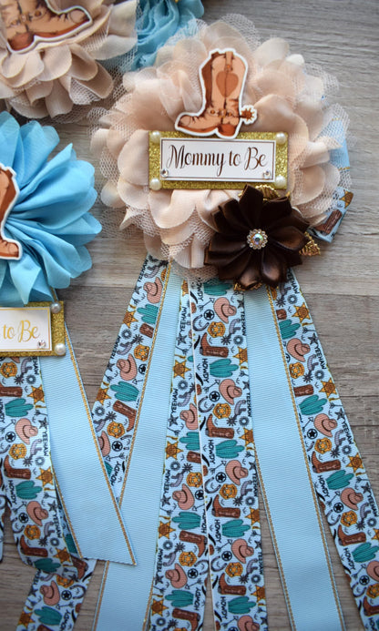 Blue Cowboy Baby Shower, Blue Cowboy Maternity Sash, Boy Cowboy Mommy and Daddy To Be Pin, Blue Brown Flower Sash, Blue Boot Hat Corsage Pin - Celebrations By Cris