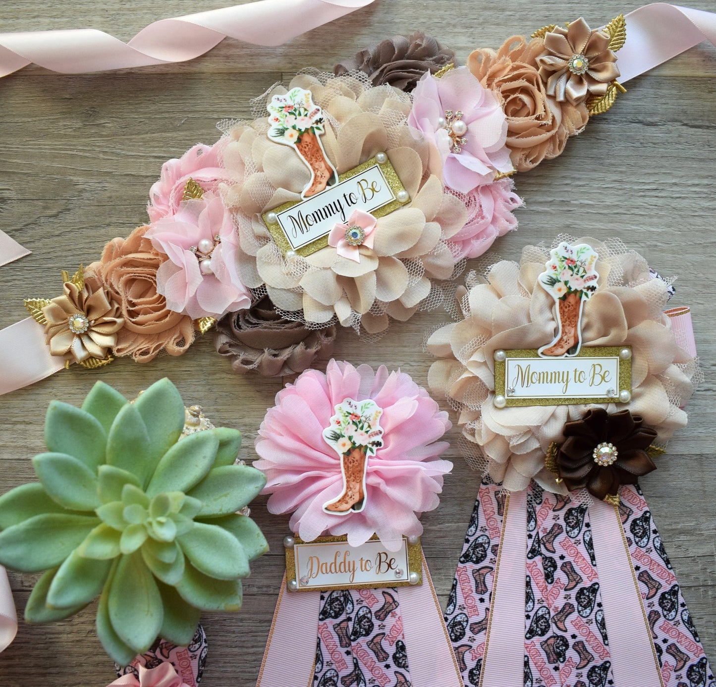 Pink Cowgirl Baby Shower, Pink Brown Cowboy Maternity Sash, Gender Reveal Cowboy Mommy To Be Ribbon, Daddy To Be Pin, Boot Hat Corsage Pin - Celebrations By Cris