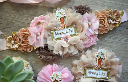 Pink Cowgirl Baby Shower, Pink Brown Cowboy Maternity Sash, Gender Reveal Cowboy Mommy To Be Ribbon, Daddy To Be Pin, Boot Hat Corsage Pin - Celebrations By Cris