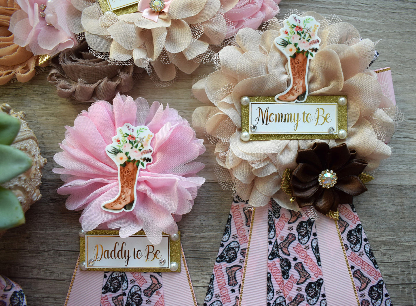 Pink Cowgirl Baby Shower, Pink Brown Cowboy Maternity Sash, Gender Reveal Cowboy Mommy To Be Ribbon, Daddy To Be Pin, Boot Hat Corsage Pin - Celebrations By Cris