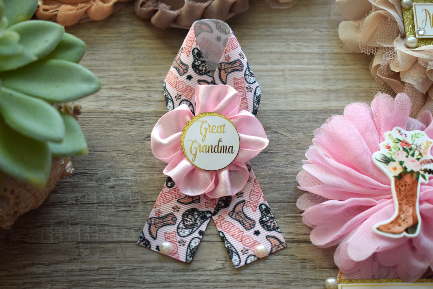 Pink Cowgirl Baby Shower, Pink Brown Cowboy Maternity Sash, Gender Reveal Cowboy Mommy To Be Ribbon, Daddy To Be Pin, Boot Hat Corsage Pin - Celebrations By Cris