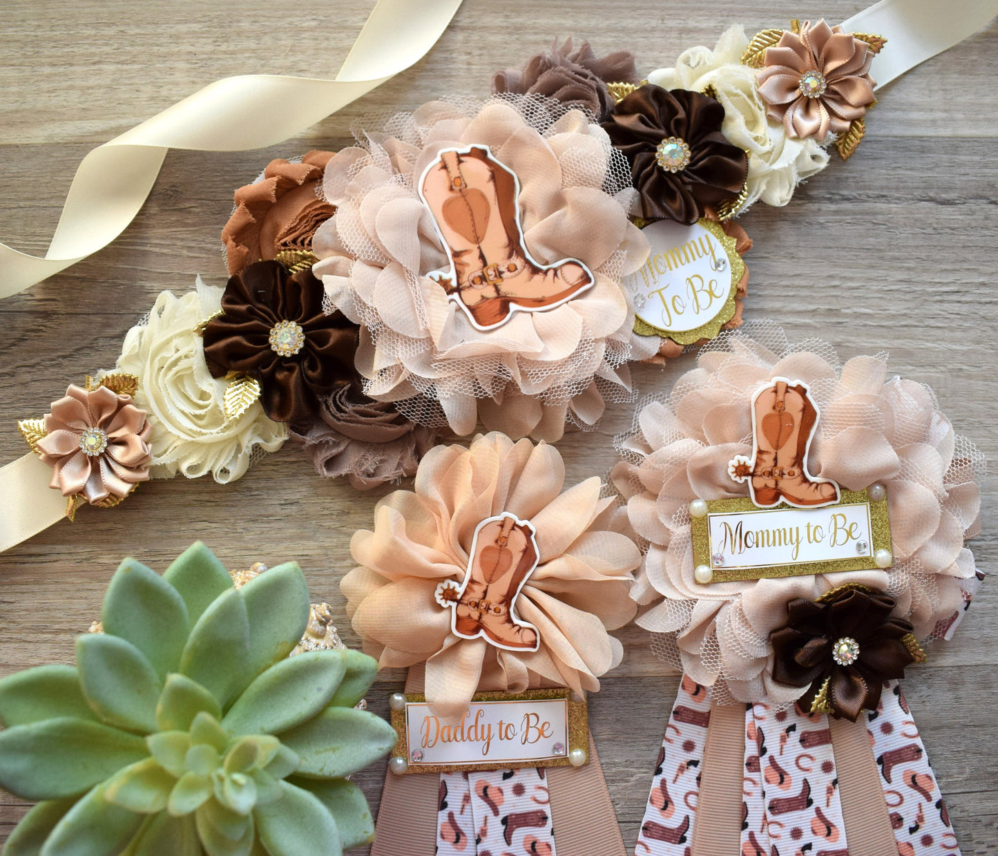 Neutral Cowboy Baby Shower, Rustic Tan Brown Cowboy Maternity Sash, Gender Reveal Mommy To Be Ribbon, Daddy To Be Pin, Boot Hat Corsage Pin - Celebrations By Cris