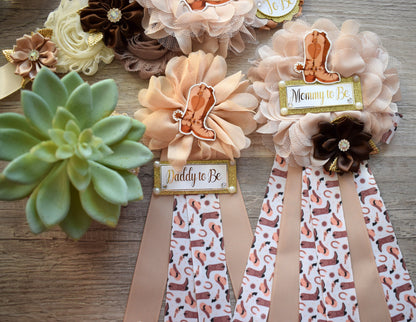 Neutral Cowboy Baby Shower, Rustic Tan Brown Cowboy Maternity Sash, Gender Reveal Mommy To Be Ribbon, Daddy To Be Pin, Boot Hat Corsage Pin - Celebrations By Cris