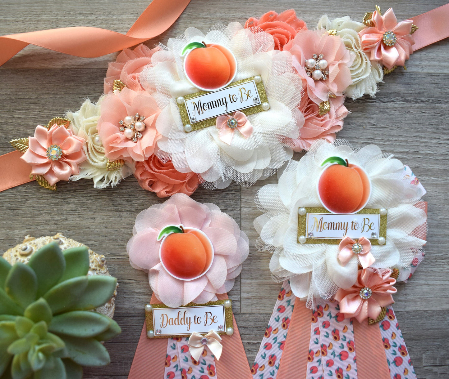 A Little Peach Baby Shower, Peach Flower Sash, Fruit Peach Maternity Sash, A Little Cutie Coral Mommy To Be Pin, Daddy To Be Pin, Family Pin - Celebrations By Cris