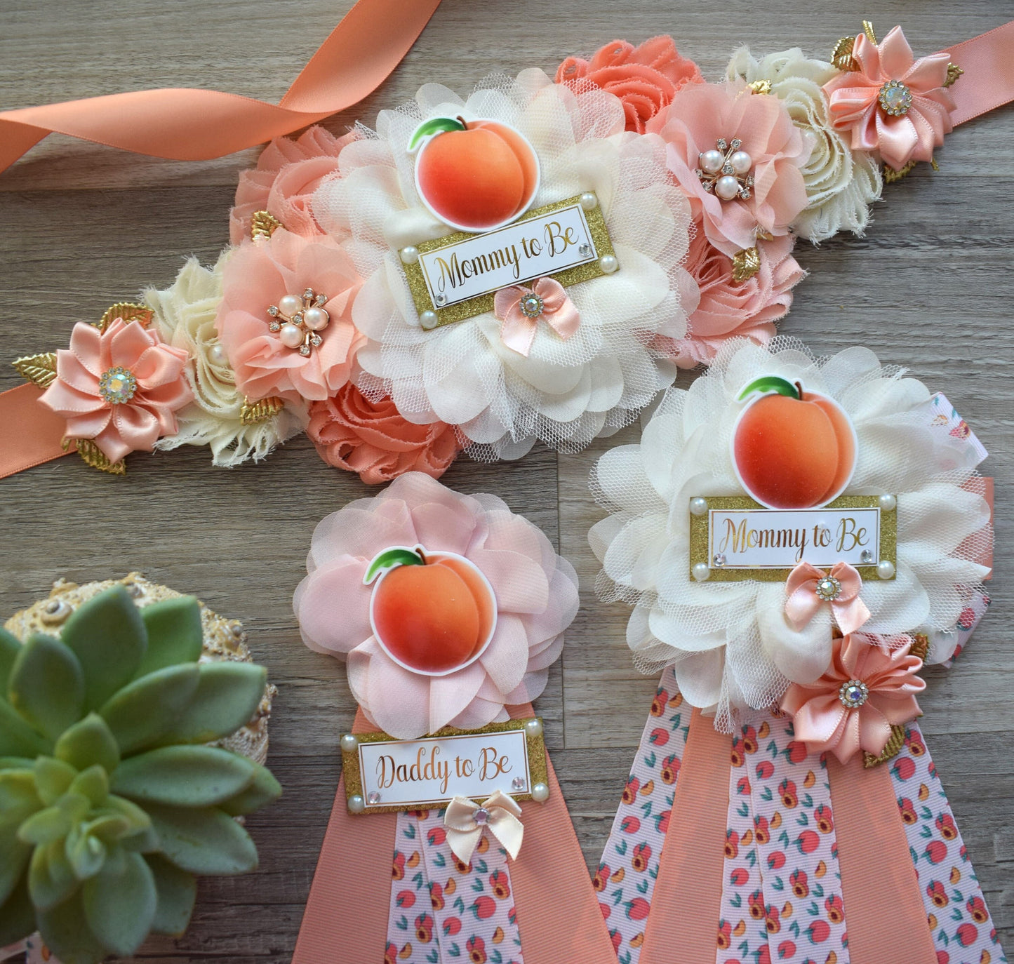 A Little Peach Baby Shower, Peach Flower Sash, Fruit Peach Maternity Sash, A Little Cutie Coral Mommy To Be Pin, Daddy To Be Pin, Family Pin - Celebrations By Cris