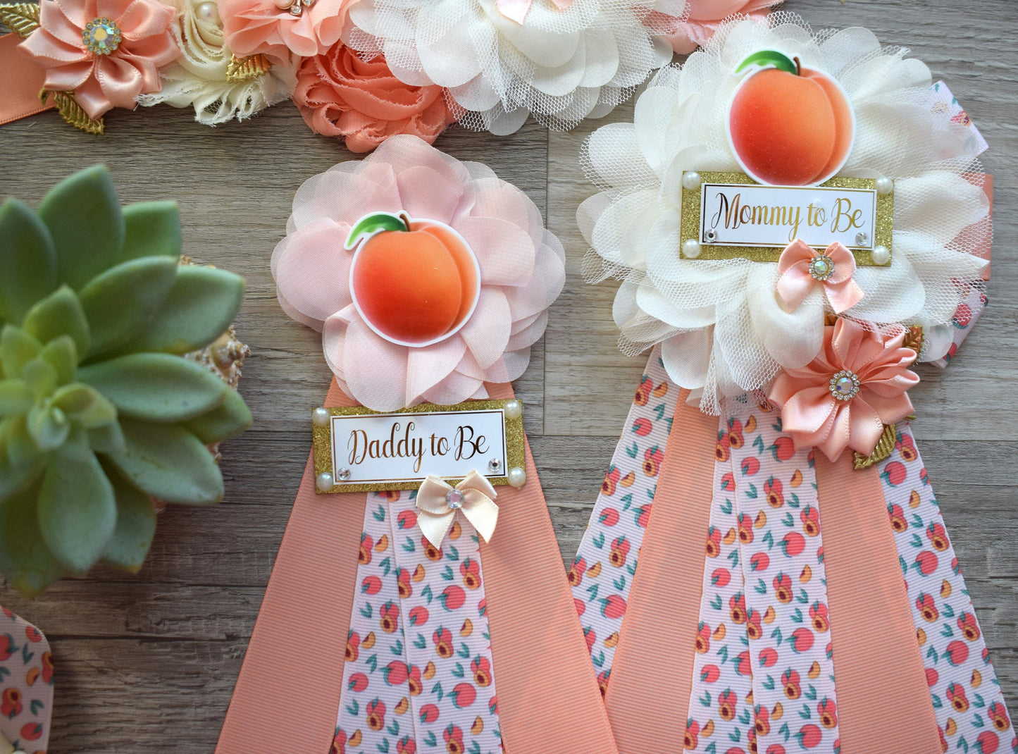 A Little Peach Baby Shower, Peach Flower Sash, Fruit Peach Maternity Sash, A Little Cutie Coral Mommy To Be Pin, Daddy To Be Pin, Family Pin - Celebrations By Cris