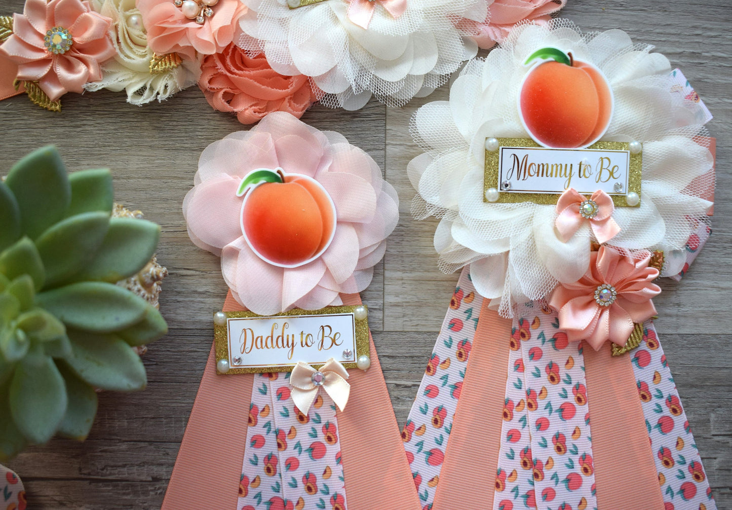 A Little Peach Baby Shower, Peach Flower Sash, Fruit Peach Maternity Sash, A Little Cutie Coral Mommy To Be Pin, Daddy To Be Pin, Family Pin - Celebrations By Cris