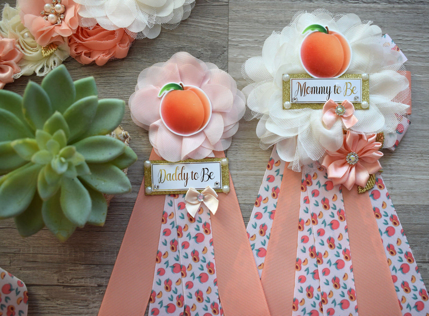 A Little Peach Baby Shower, Peach Flower Sash, Fruit Peach Maternity Sash, A Little Cutie Coral Mommy To Be Pin, Daddy To Be Pin, Family Pin - Celebrations By Cris