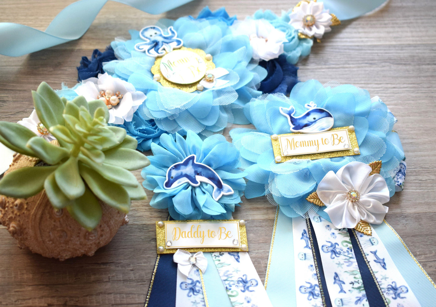 Blue Under The Sea Baby Shower, Turtle Octopus Starfish Aqua Blue Flower Maternity Sash, Under The Sea Mommy To Be Pin, Daddy To Be Pin - Celebrations By Cris