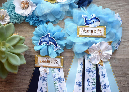 Blue Under The Sea Baby Shower, Turtle Octopus Starfish Aqua Blue Flower Maternity Sash, Under The Sea Mommy To Be Pin, Daddy To Be Pin - Celebrations By Cris