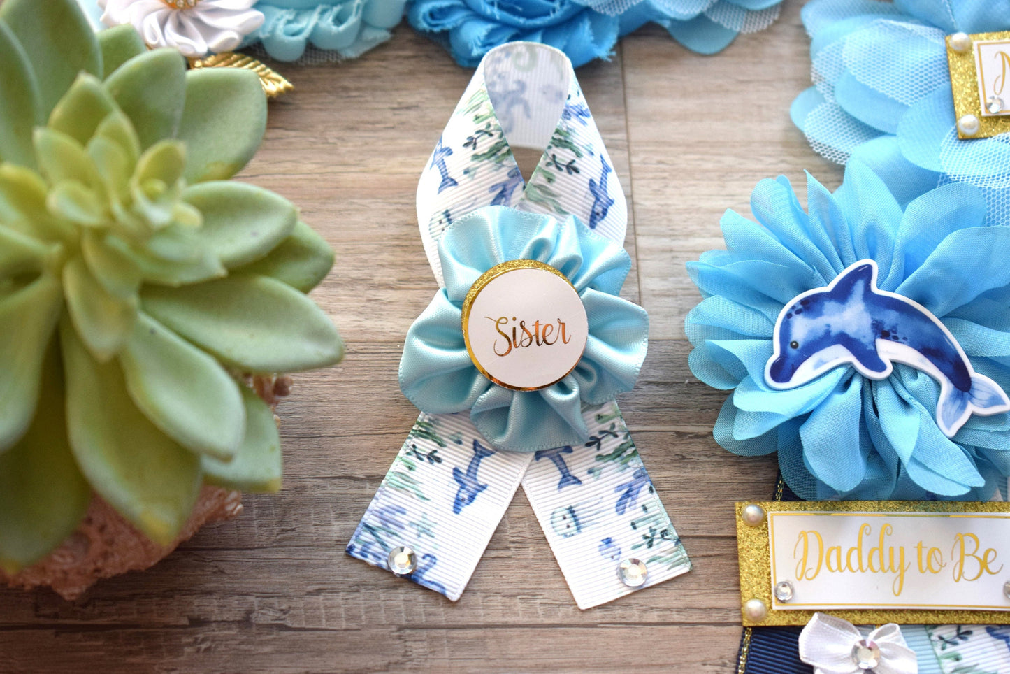 Blue Under The Sea Baby Shower, Turtle Octopus Starfish Aqua Blue Flower Maternity Sash, Under The Sea Mommy To Be Pin, Daddy To Be Pin - Celebrations By Cris