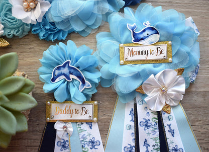 Blue Under The Sea Baby Shower, Turtle Octopus Starfish Aqua Blue Flower Maternity Sash, Under The Sea Mommy To Be Pin, Daddy To Be Pin - Celebrations By Cris