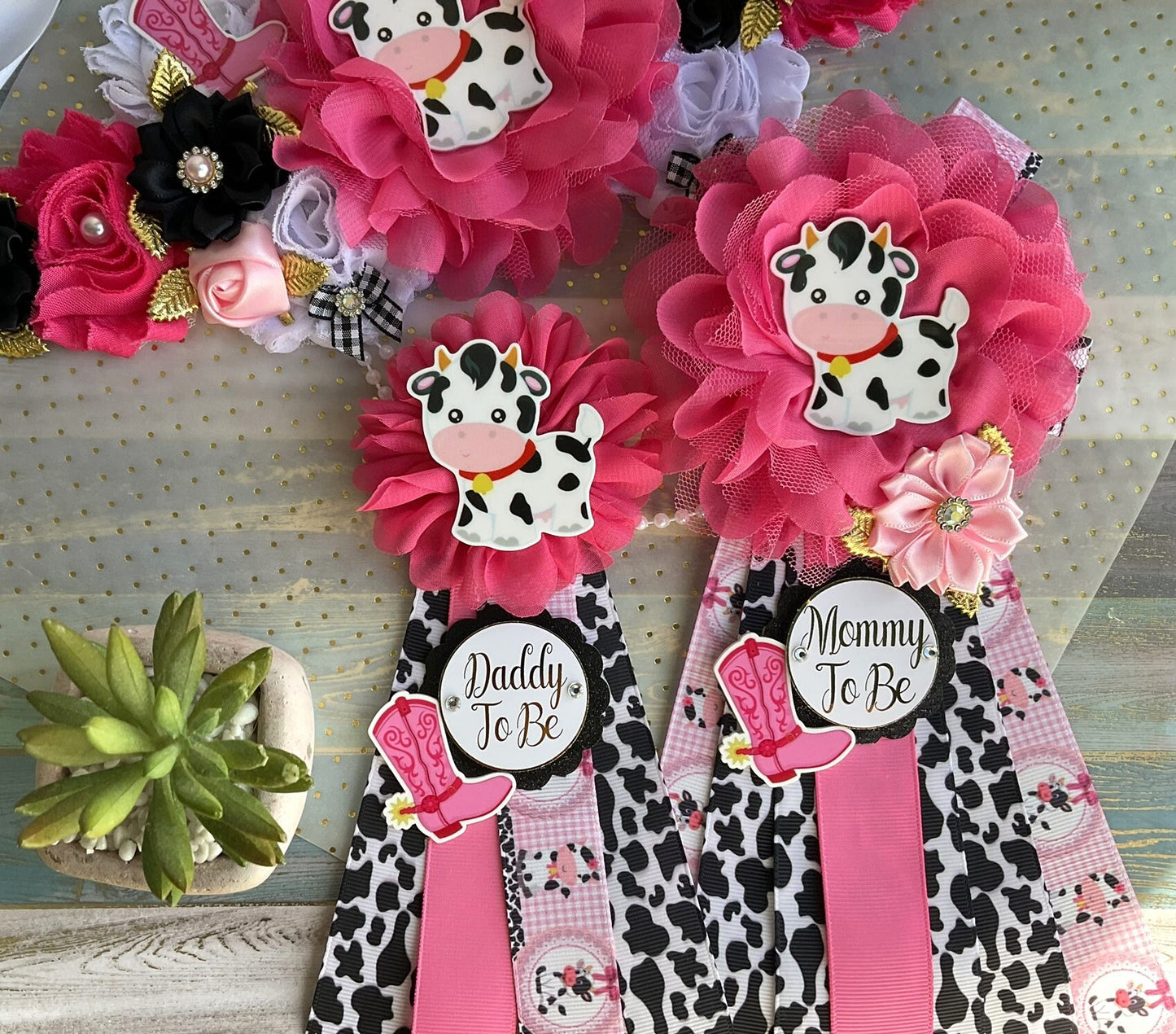 Disco Cowgirl Baby Shower, Cowgirl Maternity Sash, Girl Farm Mommy To Be Ribbon, Daddy To Be Pin, Hot Pink Black White, Baby Shower Gift - Celebrations By Cris