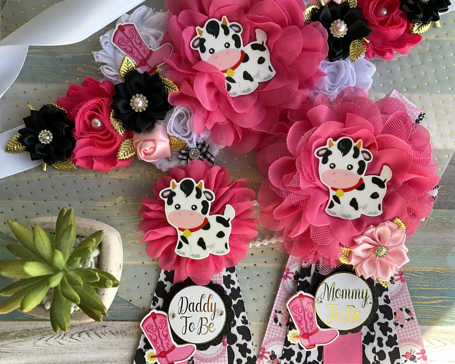 Disco Cowgirl Baby Shower, Cowgirl Maternity Sash, Girl Farm Mommy To Be Ribbon, Daddy To Be Pin, Hot Pink Black White, Baby Shower Gift - Celebrations By Cris