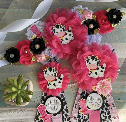 Disco Cowgirl Baby Shower, Cowgirl Maternity Sash, Girl Farm Mommy To Be Ribbon, Daddy To Be Pin, Hot Pink Black White, Baby Shower Gift - Celebrations By Cris