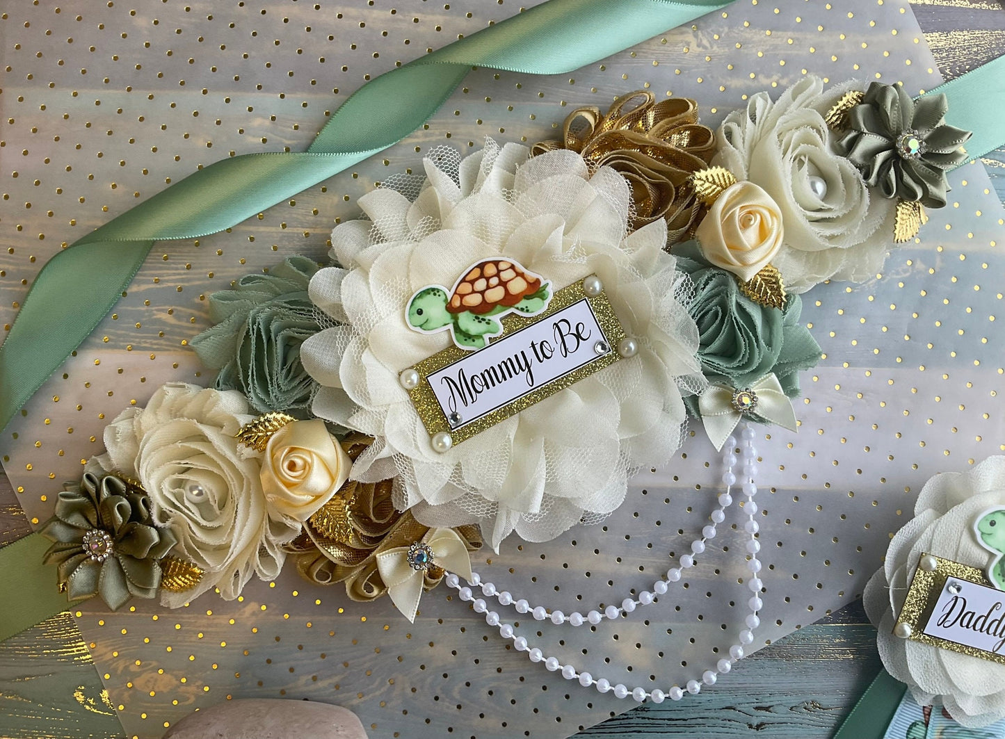 Sea Turtle Baby Shower, Neutral Under The Sea Maternity Sash, Under The Sea Daddy To Be Pin, Gift For Parents, Baby Shower Gift - Celebrations By Cris