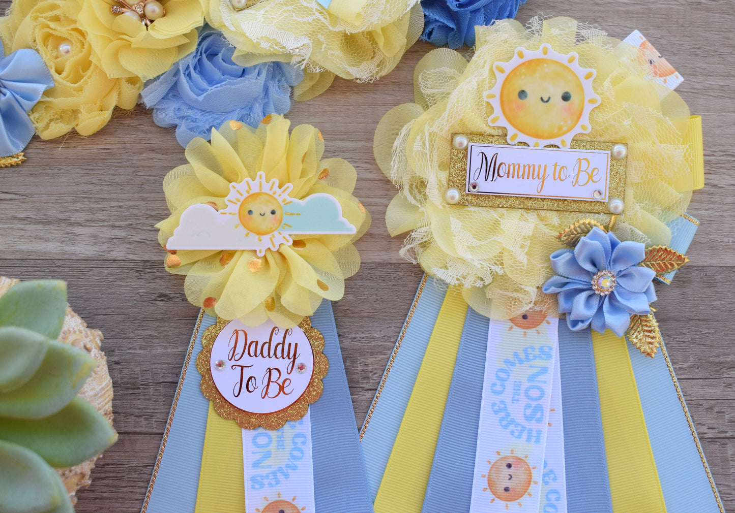 Here Come The Son Baby Shower, Neutral Yellow Ivory Maternity Sash, Mommy To Be Ribbon Badge Pin, Daddy To Be Pin, Here Come The Sun - Celebrations By Cris